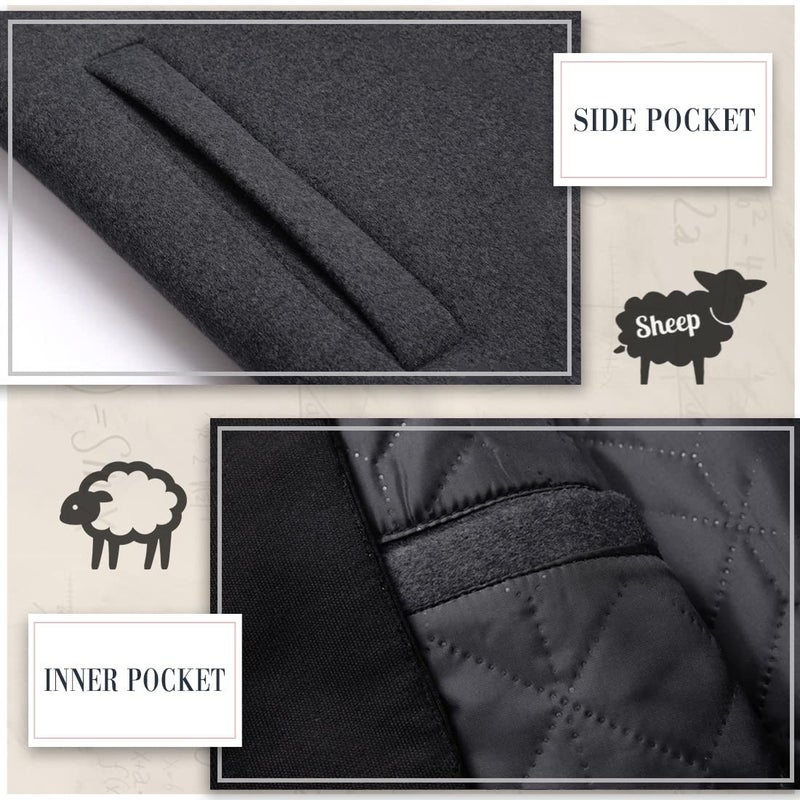 iCKER Mens Trench Coat Winter Wool Blend Jacket Overcoat Long Top Coat Warm Pea Coat-1908-Grey 1-XXL - Image 4